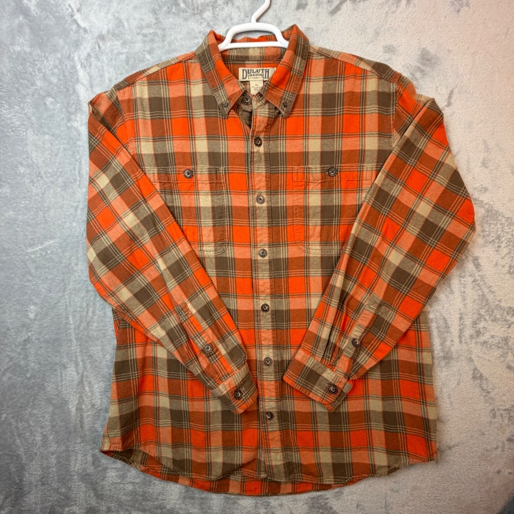 Duluth Trading Co Shirt Mens XL Orange Brown Plaid Flannel Trim Fit Outdoors